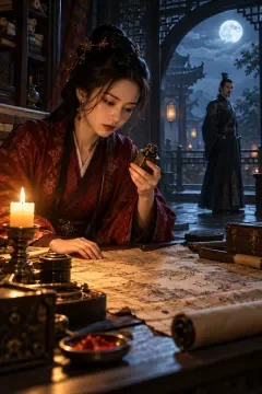 古装权谋题材插画：烛光下查看印章的古装女匠人